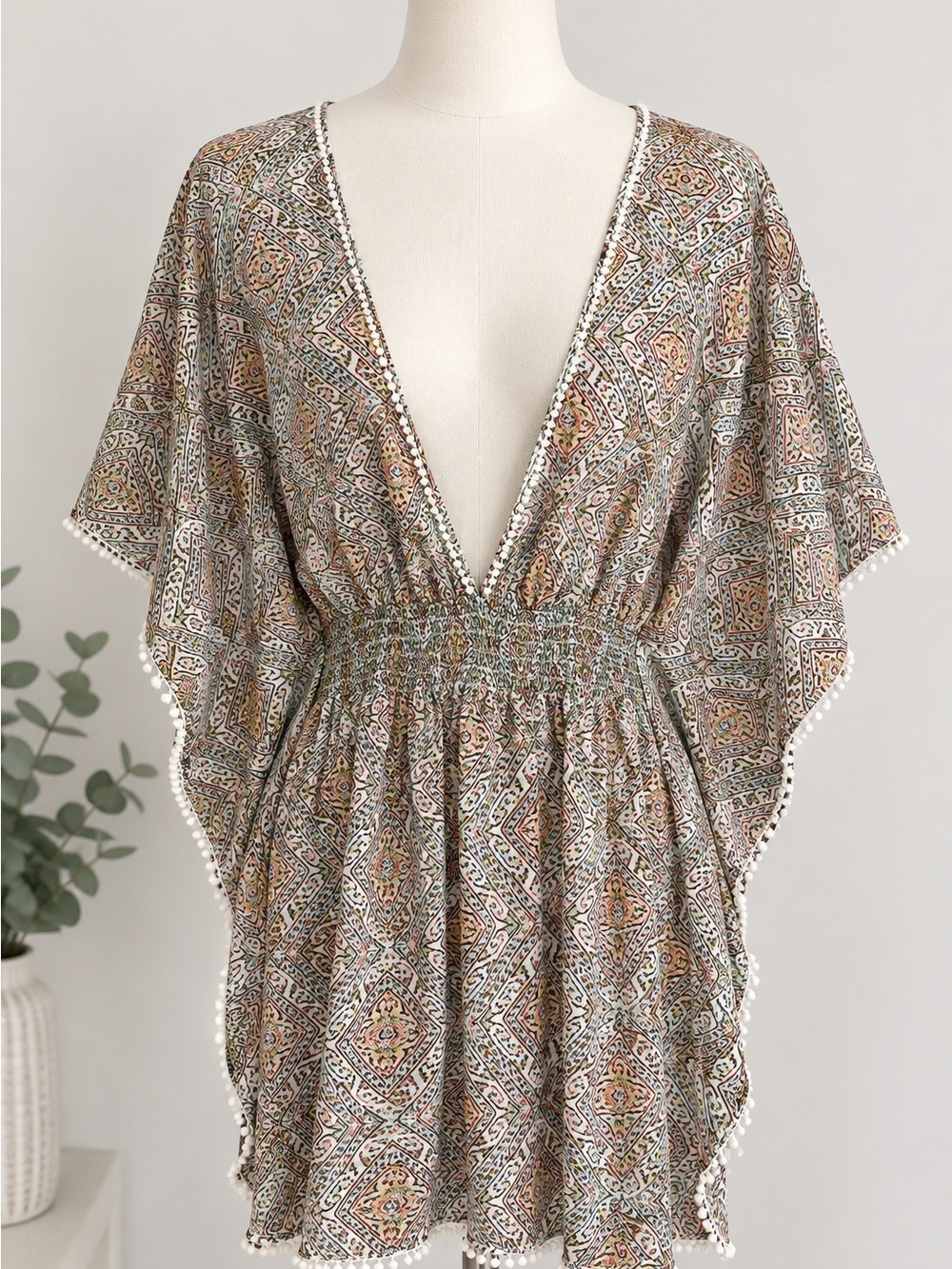 Victoria's Secret Boho Paisley Caftan Deep V Swim Coverup Dress Pom Pom Large